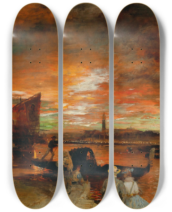 Triptych art skateboard deck of Oswald Achenbach A Scene At Dusk In Venice by Oswald Achenbach (1827-1905)