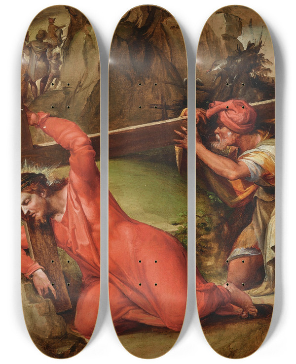 Triptych art skateboard deck of Nosadella Giovanni Francesco Bezzi Christ Carrying The Cross by Nosadella (Giovanni Francesco Bezzi) (1549-1571)