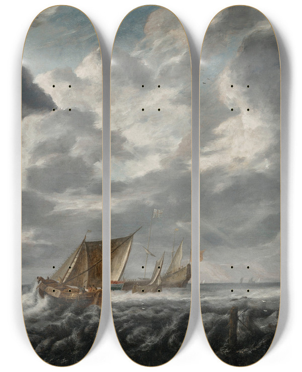 Triptych art skateboard deck of Bonaventura Peeters The Elder Vesels Sailing On Choppy Waters by Bonaventura Peeters The Elder (1614-1652)