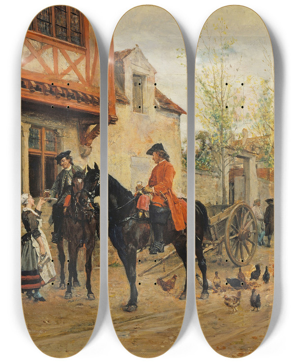 Triptych art skateboard deck of Ernest Meissonier Halt At An Inn by Ernest Meissonier (1815-1891)