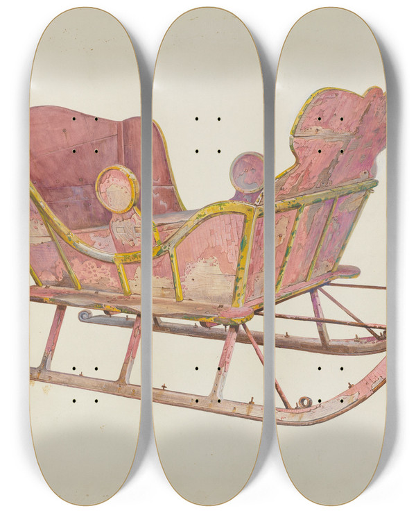 Triptych art skateboard deck of Amos C Brinton Sleigh by Amos C Brinton