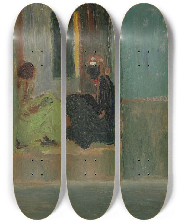 Triptych art skateboard deck of Pedro Figari Negras En La Puerta O Negras En Zagun by Pedro Figari (1861-1938)