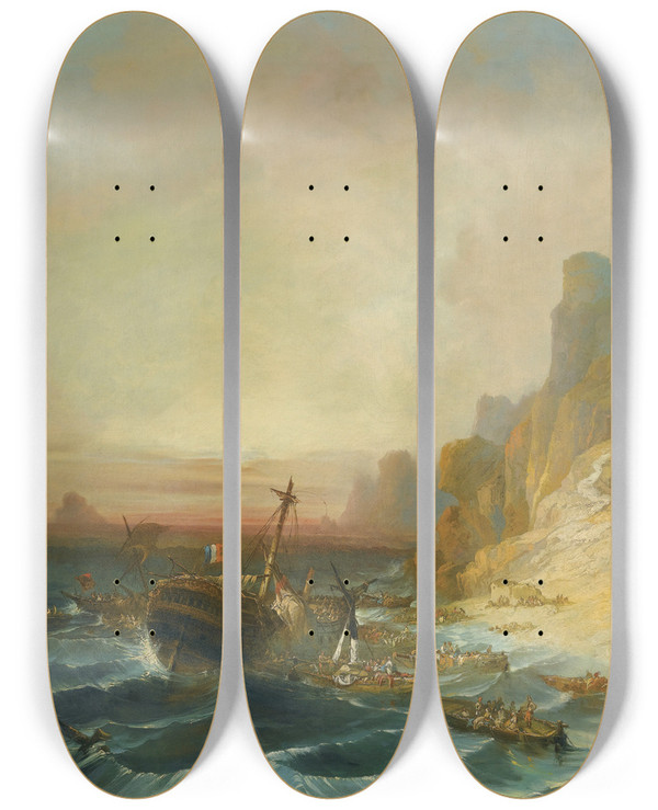 Triptych art skateboard deck of Eugenio Lucas Velzquez Naufragio En La Costa Shipwreck Off The Coast by Eugenio Lucas Velazquez (1817-1870)