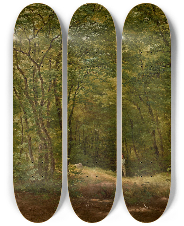 Triptych art skateboard deck of Friedrich Loos Spaziergnger In Einer Waldlandschaft by Friedrich Loos (1797-1890)