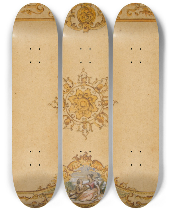 Triptych art skateboard deck of Julesedmondcharles Lachaise Design For A Ceiling With Painted Decoration by Jules-Edmond-Charles Lachaise (1897)