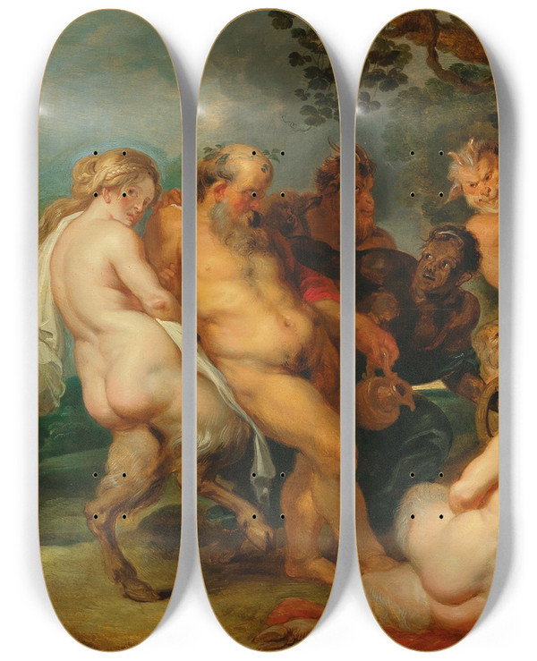 Triptych art skateboard deck of Follower Of Peter Paul Rubens The Drunken Silenus by Follower Of Peter Paul Rubens (1577-1640)