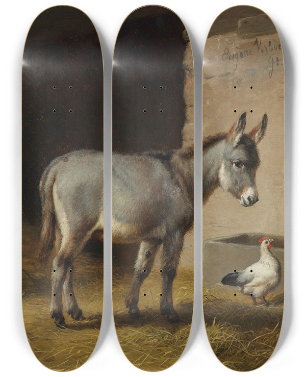 Triptych art skateboard deck of Eugne Joseph Verboeckhoven Esel Und Hhner Im Stall_2 by Eugene Joseph Verboeckhoven (1798-1881)