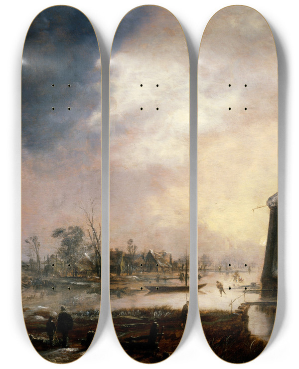 Triptych art skateboard deck of Aert Van Der Neer A Winter Landscape With A Windmill by Aert van der Neer (1603-1677)