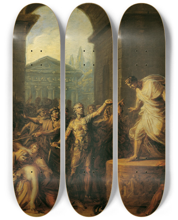 Triptych art skateboard deck of Heinrich Friedrich Fger Der Tod Der Virginia_1 by Heinrich Friedrich Fger (1751-1818)