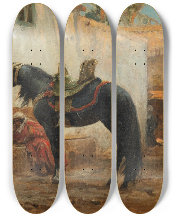 Triptych art skateboard deck of Frederick Arthur Bridgman Barber Of Biskra by Frederick Arthur Bridgman (1847-1928)