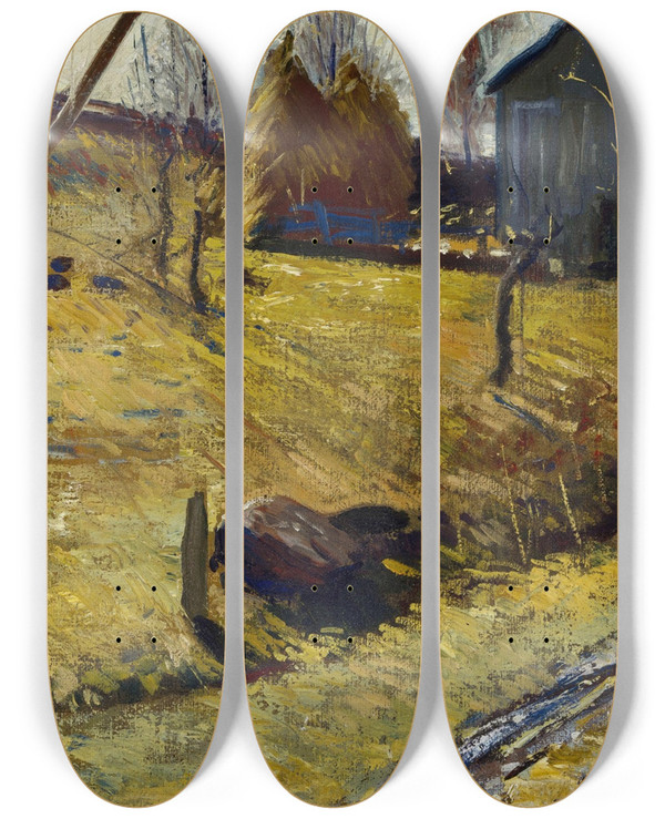 Triptych art skateboard deck of George Wesley Bellows Haystacks And Barn by George Wesley Bellows (1882-1925)