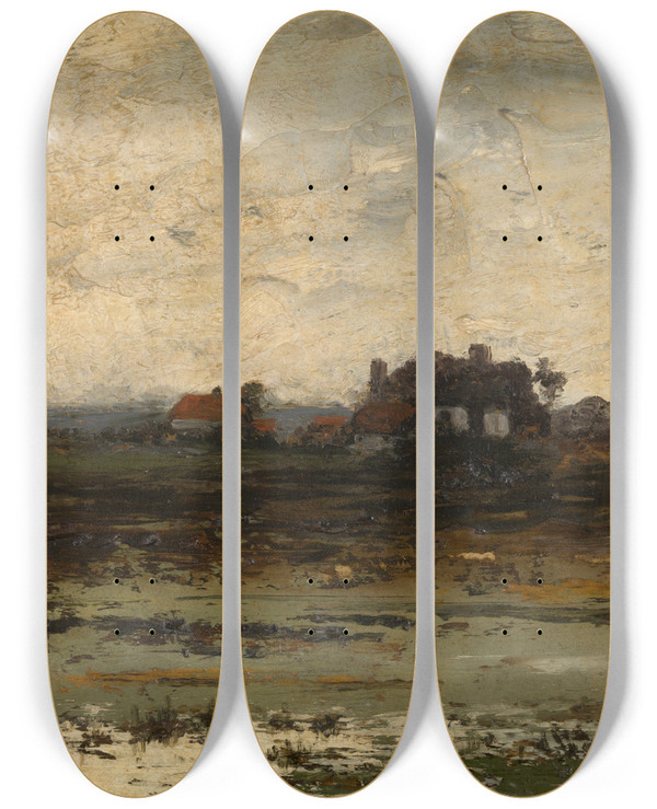 Triptych art skateboard deck of Jean Pierre Franois Lamorinire Farms At Sunset by Jean Pierre Francois Lamoriniere (1828-1911)
