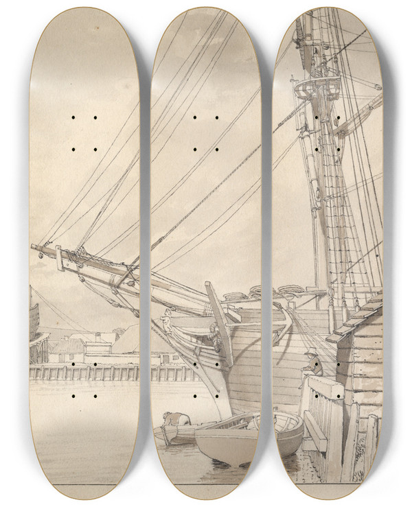 Triptych art skateboard deck of Christoffer Wilhelm Eckersberg Udsigt Fra Wilders Plads P Christianshavn Mod Gammelholm Med Reberbanen Og Beddingen For Fregatter by Christoffer Wilhelm Eckersberg (1783-1853)