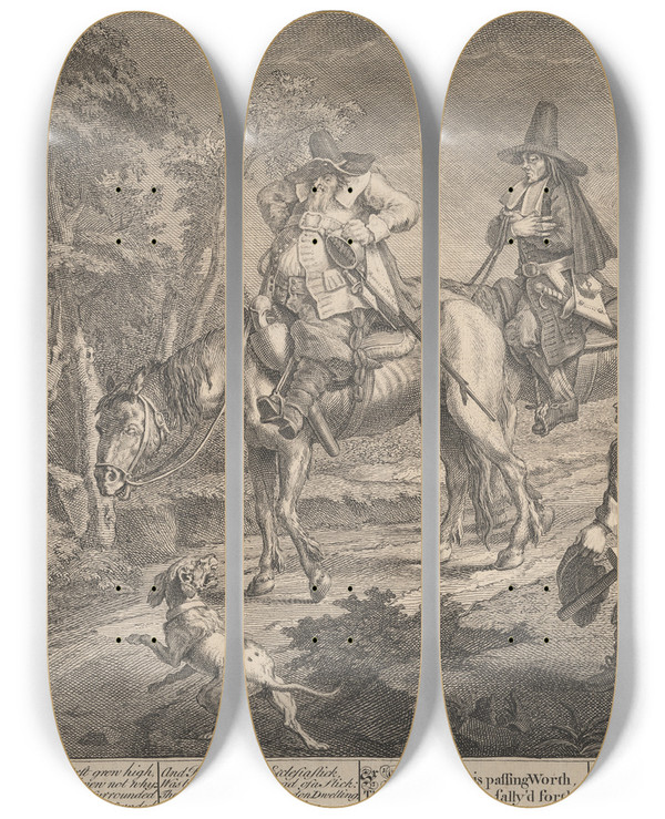 Triptych art skateboard deck of William Hogarth Hudibras Sallying Forth No2 by William Hogarth (1697-1764)