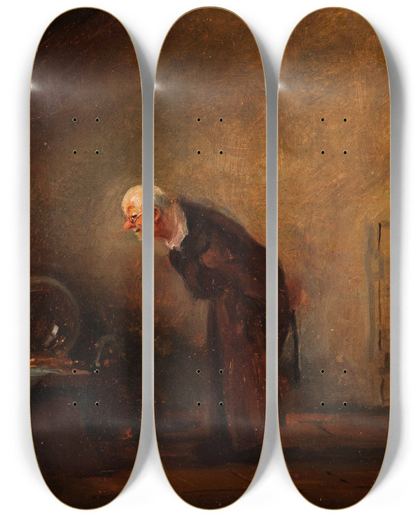 Triptych art skateboard deck of Carl Spitzweg Der Alchimist Chemicus by Carl Spitzweg (1808-1880)