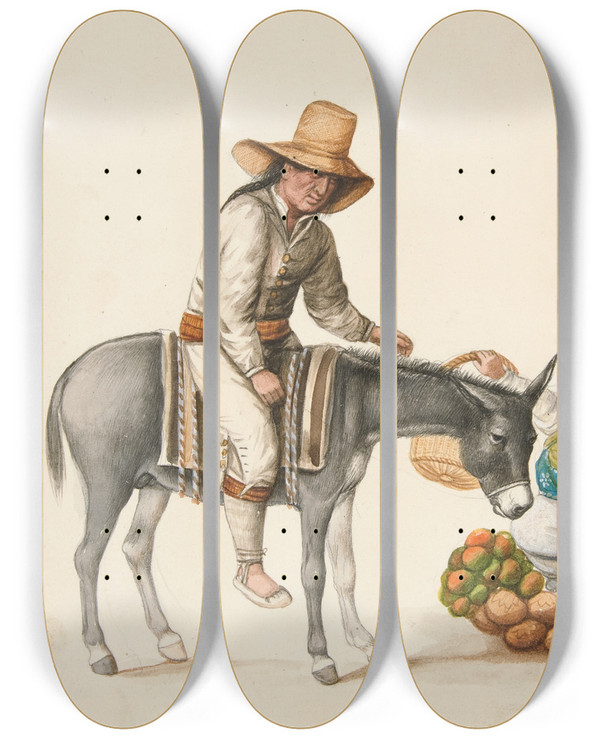 Triptych art skateboard deck of Francisco Fierro Indian Woman Selling Vegetables by Francisco Fierro (1807-1879)