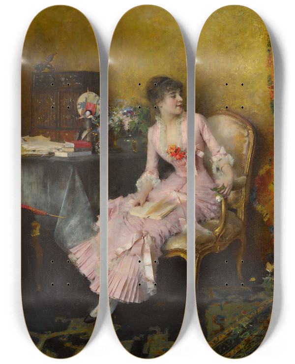 Triptych art skateboard deck of Pascaladolphejean Dagnanbouveret Jeune Femme En Rose Avec Son Enfant by Pascal-Adolphe-Jean Dagnan-Bouveret (1852-1929)