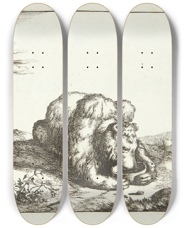 Triptych art skateboard deck of Marcus De Bye Liggende Bjrn Set Forfra Drikkende Af En Skl by Marcus de Bye (1638-1688)