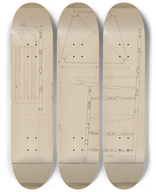 Triptych art skateboard deck of Nicholas Gorid Drawing Of Chair by Nicholas Gorid (20-)