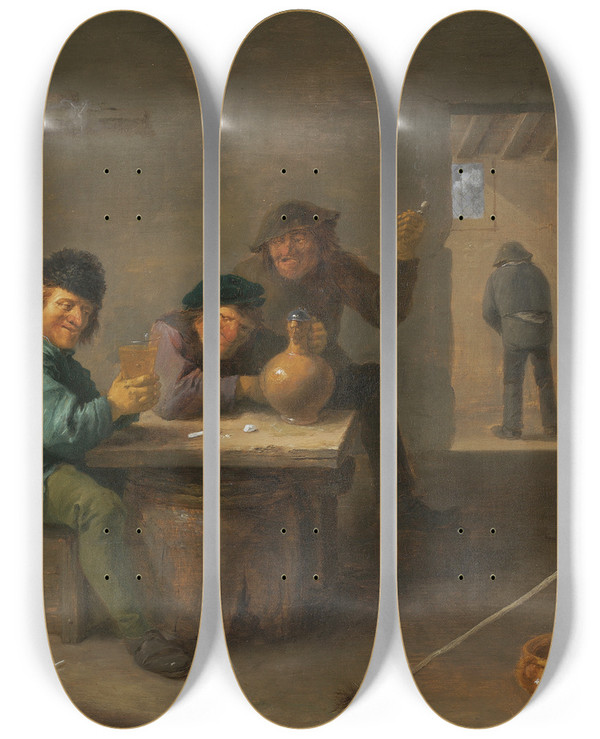 Triptych art skateboard deck of David Teniers The Younger Peasants In A Tavern by David Teniers The Younger (1610-1690)