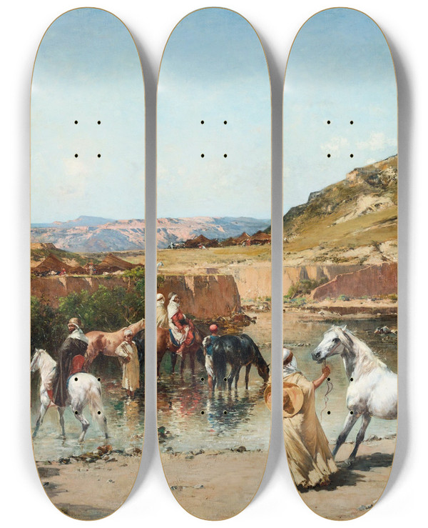 Triptych art skateboard deck of Victor Huguet At The Wadi by Victor Huguet (1835-1902)