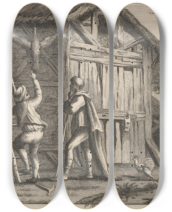 Triptych art skateboard deck of John Wootton Fable Xxxvi Pythagoras And The Countryman by John Wootton (1686-1765)