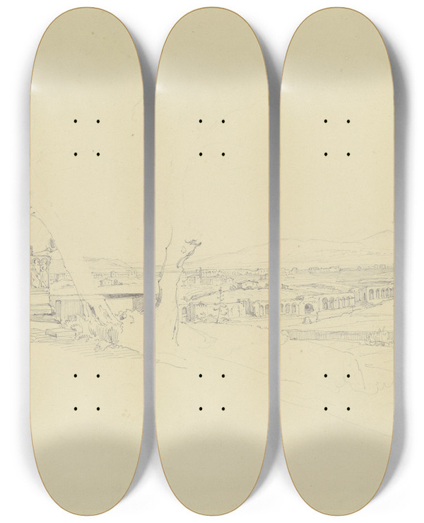 Triptych art skateboard deck of Carl Morgenstern Blick Von Der Villa Celimontana by Carl Morgenstern (1811-1893)