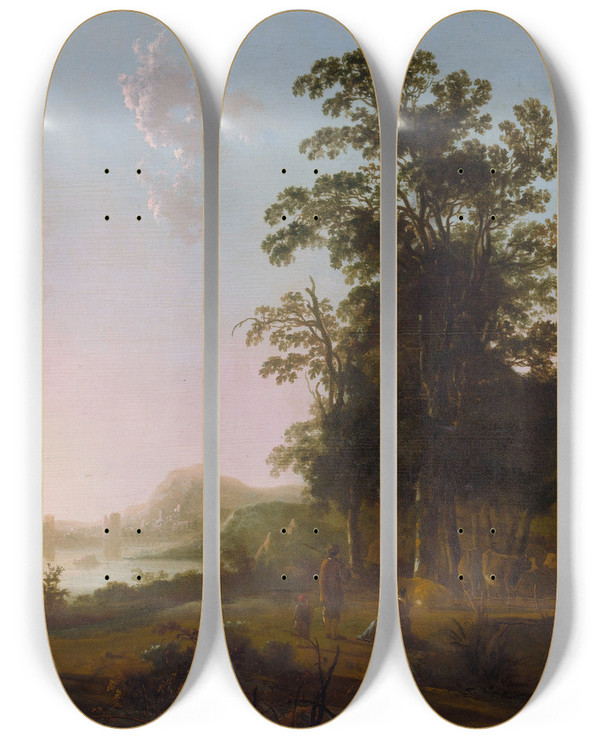 Triptych art skateboard deck of Aelbert Cuyp Landscape With The Flight Into Egypt by Aelbert Cuyp (1620-1691)