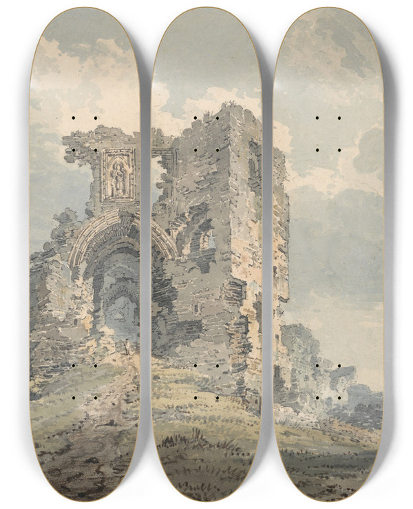 Triptych art skateboard deck of Thomas Girtin Denbigh Castle by Thomas Girtin (1775-1802)