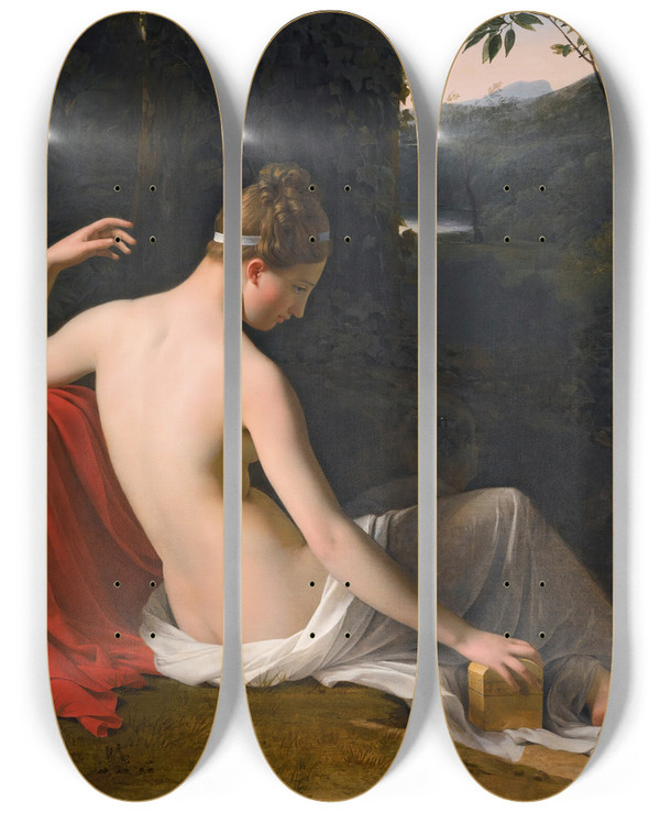 Triptych art skateboard deck of Louis Hersent Pandora Reclining In A Wooded Landscape by Louis Hersent (1777-1860)