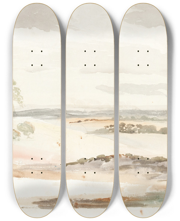 Triptych art skateboard deck of Cornelius Varley An Extensive View In Shropshire by Cornelius Varley (1781-1873)