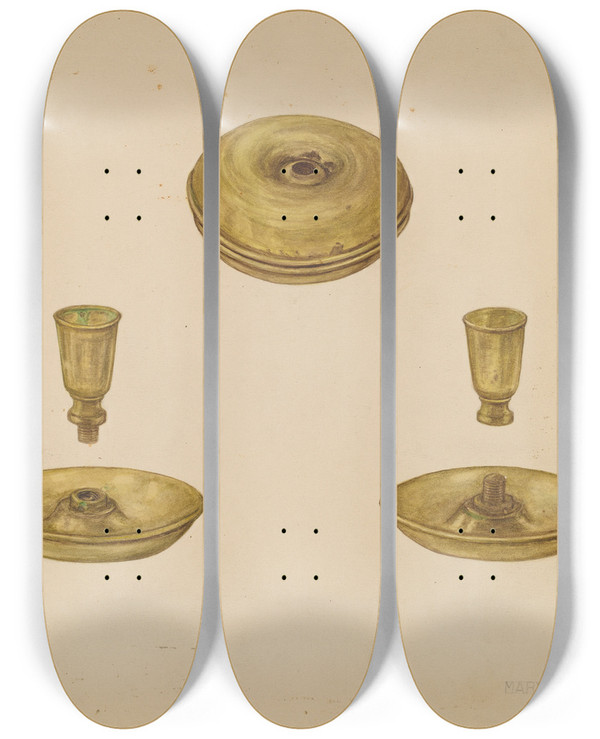 Triptych art skateboard deck of Mary Fitzgerald Candlestick by Mary Fitzgerald