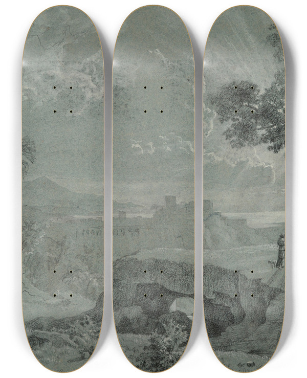 Triptych art skateboard deck of Eugenio Landesio Study For The Return Of The Holy Family by Eugenio Landesio (1810-1879)