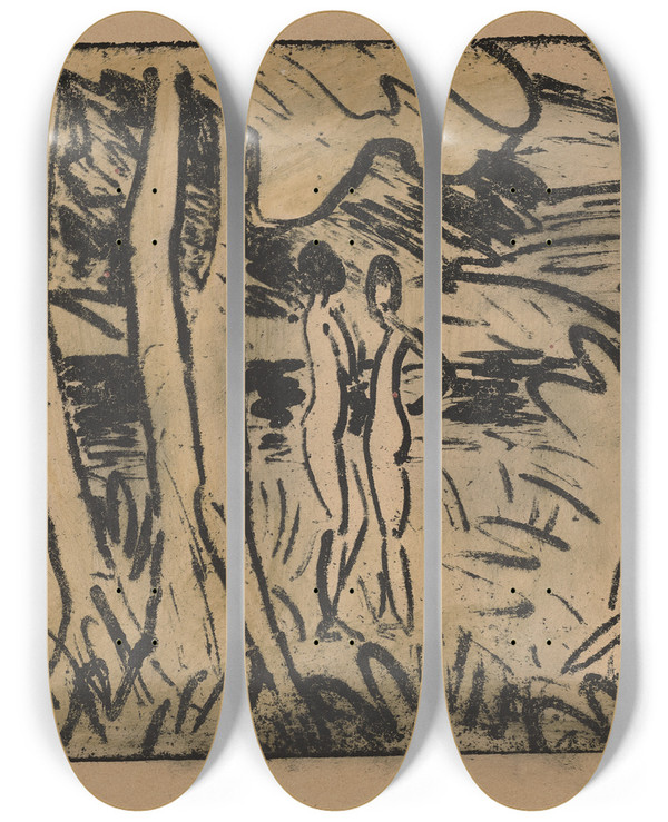 Triptych art skateboard deck of Otto Mueller Drei Mdchen Im Wald by Otto Mueller (1874-1930)