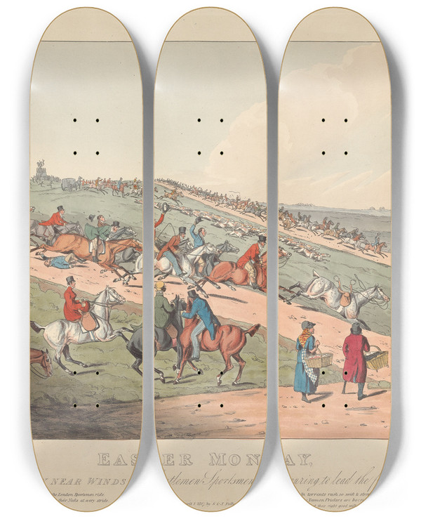 Triptych art skateboard deck of Henry Thomas Alken Easter Monday Stag Hunting A View Near Windsor by Henry Thomas Alken (1785-1851)