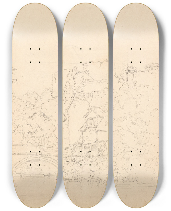 Triptych art skateboard deck of Thomas Girtin Tonbridge Bridge And Castle Kent by Thomas Girtin (1775-1802)