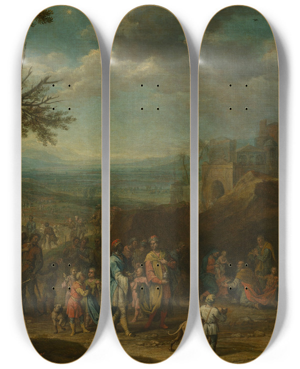 Triptych art skateboard deck of Franz Joachim Beich Anbetung Der Knige Vor Weiter Landschaft by Franz Joachim Beich