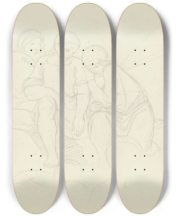 Triptych art skateboard deck of Eduard Von Steinle Three Sitting Figures by Eduard Von Steinle (1810-1886)