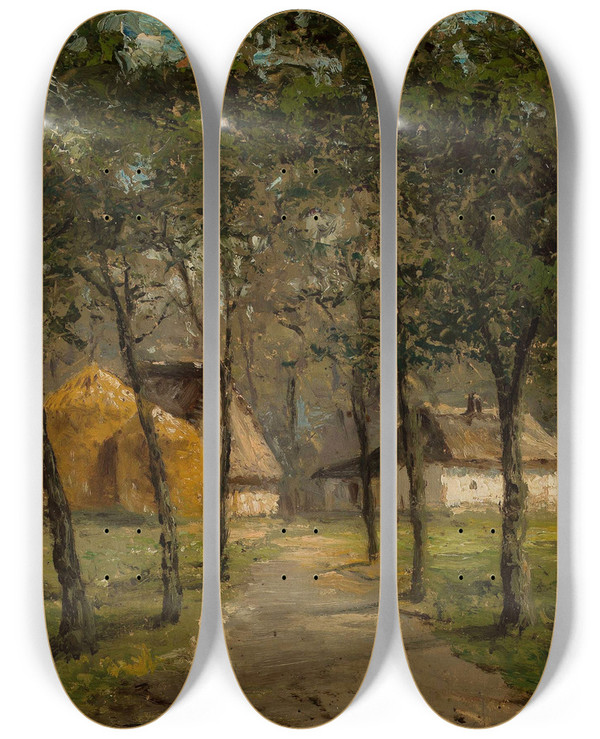 Triptych art skateboard deck of Jzef Marszewski Landscape With Houses Among Trees by Jozef Marszewski (1825-1883)