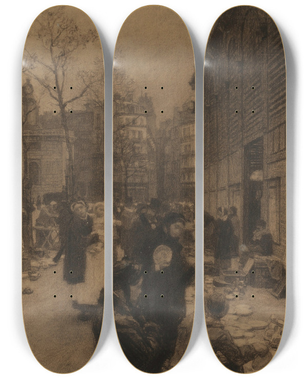 Triptych art skateboard deck of Lon Augustin Lhermitte Les Abords Des Halles by Lon Augustin Lhermitte (1844-1925)
