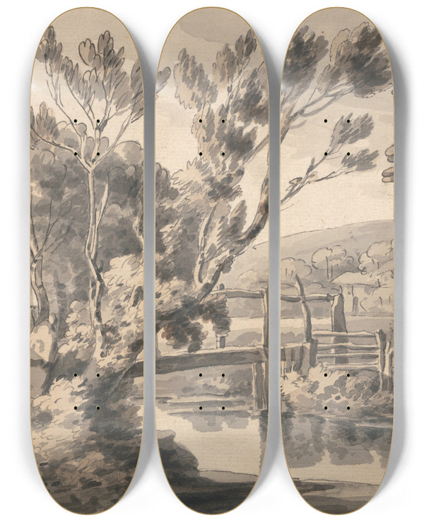 Triptych art skateboard deck of Francis Towne The Foot Bridge by Francis Towne (1739-1816)