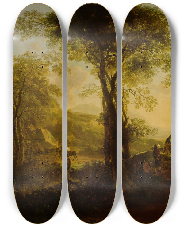 Triptych art skateboard deck of Jan Both Italianate Landscape At Sunset With Travelers On A Country Road by Jan Both (1618-1652)