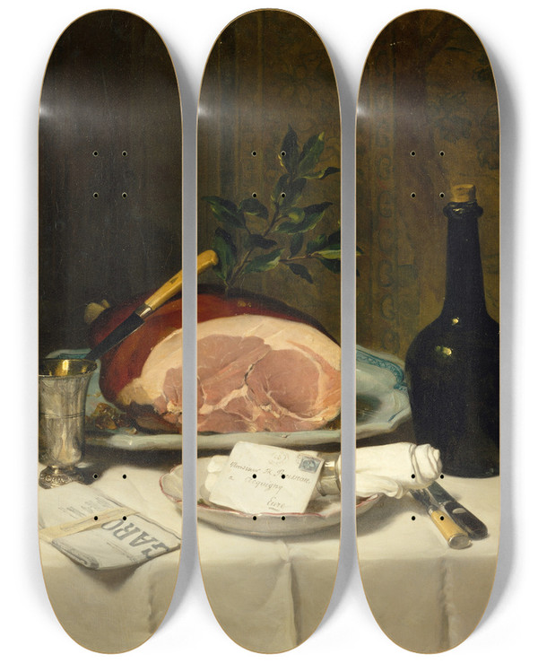 Triptych art skateboard deck of Philippe Rousseau Still Life With Ham by Philippe Rousseau (1816-1887)
