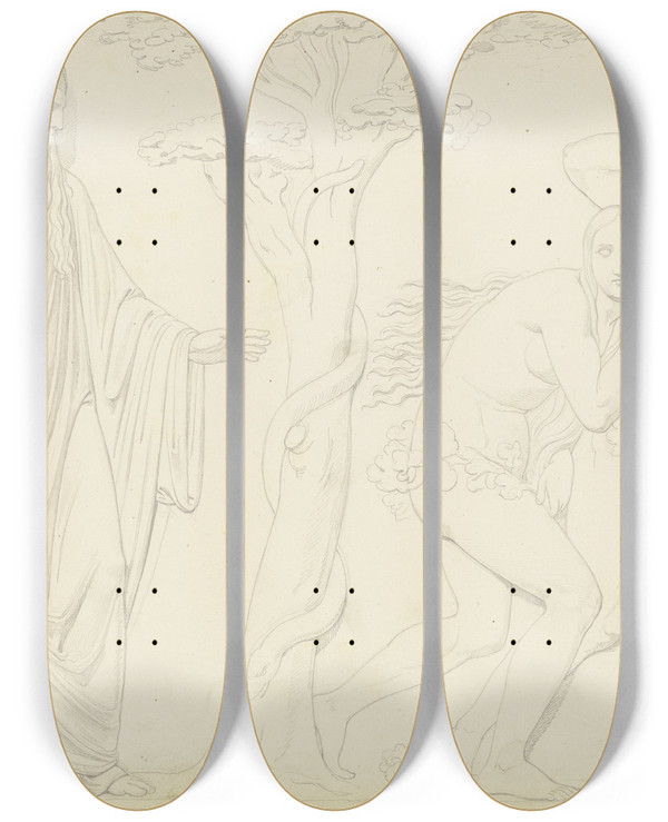 Triptych art skateboard deck of Gustav Heinrich Naecke Vertreibung Aus Dem Paradies by Gustav Heinrich Naecke (1786-1835)