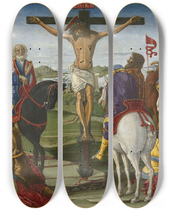 Triptych art skateboard deck of Benvenuto Di Giovanni The Crucifixion by Benvenuto Di Giovanni (1436-1509)
