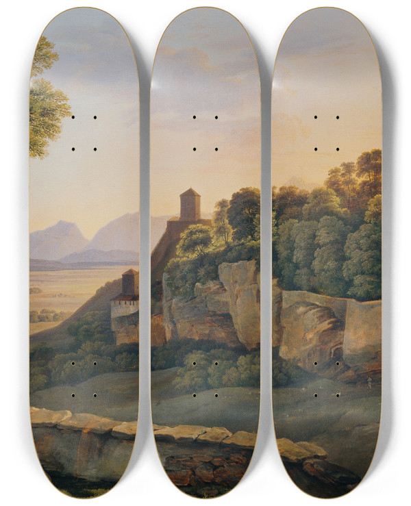 Triptych art skateboard deck of Heinrich Reinhold Der Mnchsberg Bei Salzburg by Heinrich Reinhold (1788-1825)