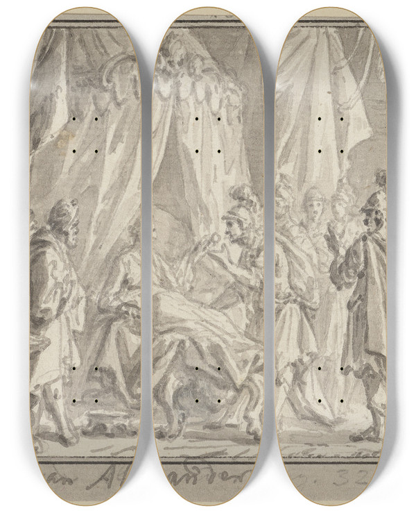 Triptych art skateboard deck of Simon Fokke Alexanders Death by Simon Fokke (1712-1784)