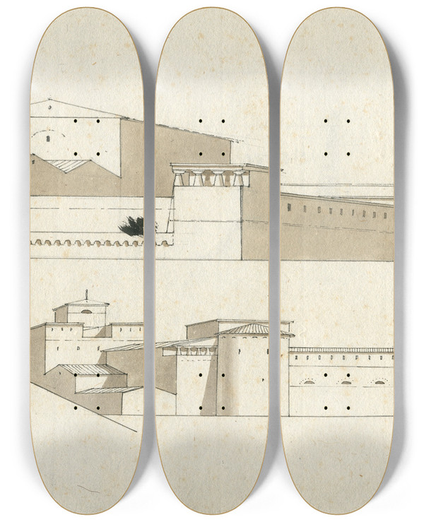 Triptych art skateboard deck of David Humbert De Superville Rome 2 Gezichten Op Anonieme Gebouwen by David Humbert De Superville (1770-1849)