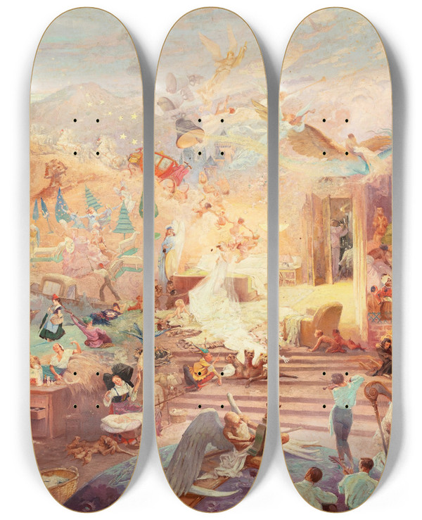 Triptych art skateboard deck of Adolphe Lon Willette Phantasmagorical Scene Also Called Liberty by Adolphe Leon Willette (1857-1926)