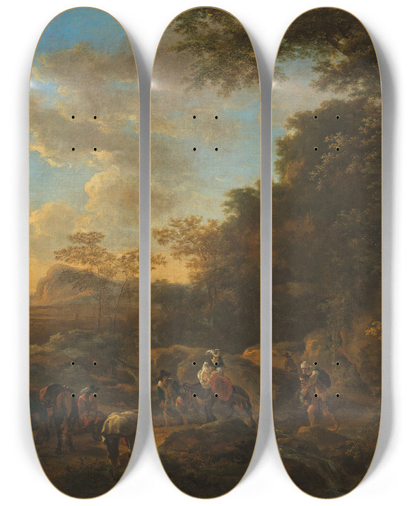 Triptych art skateboard deck of Jan Both A Wooded Landscape With Travellers Crossing A Ford by Jan Both (1618-1652)